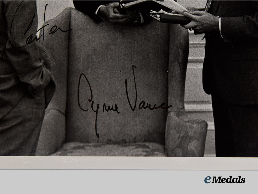 united_states._a_signed_photograph_of39th_american_president_jimmy_carter,_secretary_of_state_cyrus_vance_and_security_advisor_zbigniew_brzezinski___m_n_c1605