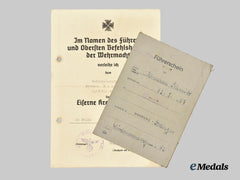 Germany, SS. An Award Document for a 1939 Iron Cross I Class to SS-Obersturmführer Hermann Schmidt, Operation Barbarossa