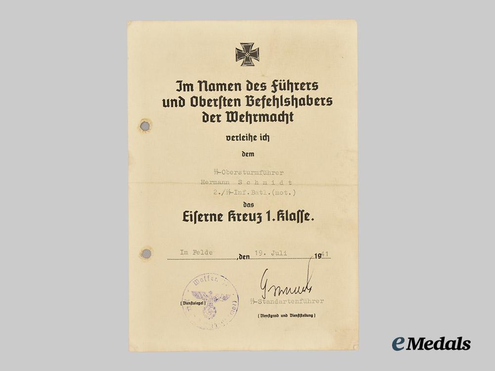 germany,_s_s._an_award_document_for_a1939_iron_cross_i_class_to_s_s-_obersturmführer_hermann_schmidt,_operation_barbarossa___m_n_c1981