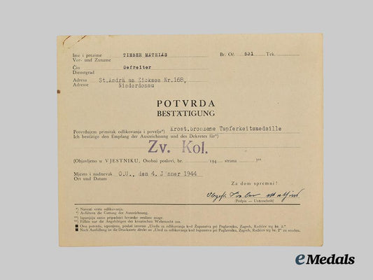 croatia,_independent_state._a_document_confirming_the_receipt_of_the_medal_of_poglavnik_ante_pavelić_for_bravery_to_obergefreiter_tieber_mathias___m_n_c2306