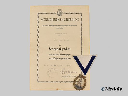 germany,_kreigsmarine._a_minesweeper_war_badge,_with_award_document_and_rank_chevron,_to_matrosengefreiter_ernst_hollatz___m_n_c2899