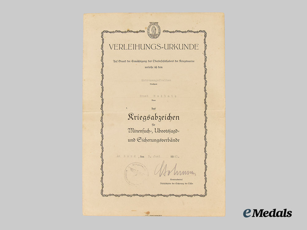 germany,_kreigsmarine._a_minesweeper_war_badge,_with_award_document_and_rank_chevron,_to_matrosengefreiter_ernst_hollatz___m_n_c2900