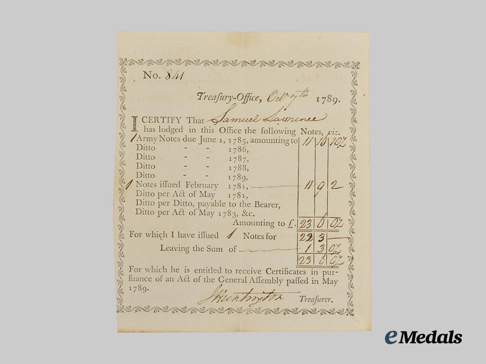 united_states._a1789_treasury_office_certificate_signed_by_revolutionary_war_general_j._huntingdon___m_n_c4461