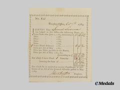 United States. A 1789 Treasury Office Certificate Signed by Revolutionary War General J. Huntingdon