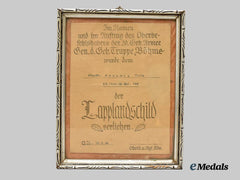 Germany, Heer. A Lapland Shield Award Document to Obergefreiter Fritz Kaponig, Gebirgsjäger-Regiment 143