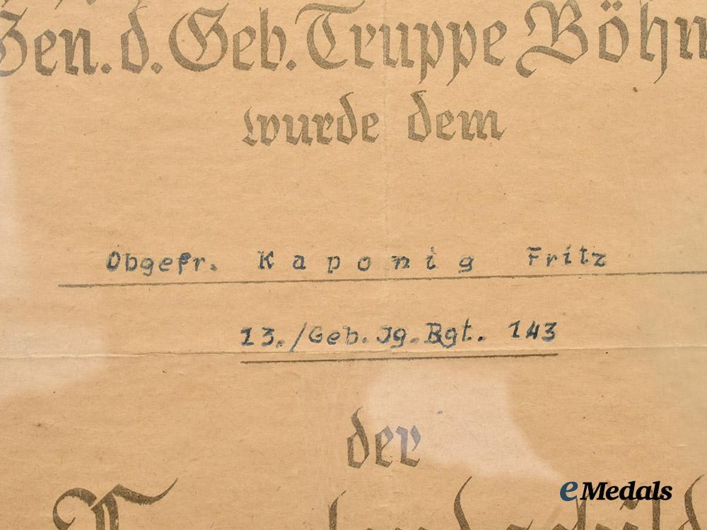 germany,_heer._a_lapland_shield_award_document_to_obergefreiter_fritz_kaponig,_gebirgsjäger-_regiment143___m_n_c5234