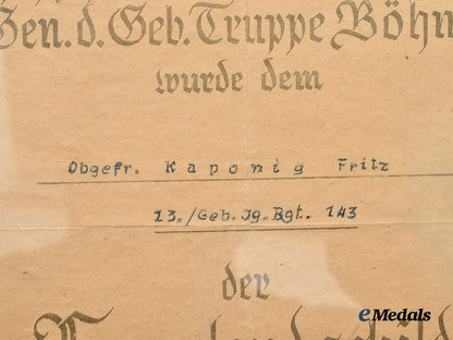 germany,_heer._a_lapland_shield_award_document_to_obergefreiter_fritz_kaponig,_gebirgsjäger-_regiment143___m_n_c5234