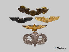 United States. A Lot of Small American Pilot Badges, Naval Aviation Pilot Badge, and Parachutist Jump Badge