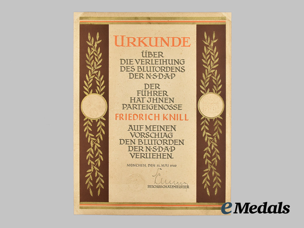 germany,_n_s_d_a_p._a_rare_blood_order_award_document_to_friedrich_knill___m_n_c6722