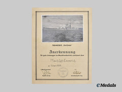Germany, Kriegsmarine. A Recognition Document to Maschinengefreiter Emmerich, Battleship Gneisenau, c.1939