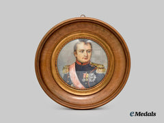 France, Second Republic. A Framed Hand-Painted Portrait of Emperor of France Napoleon Bonaparte, c. 1850