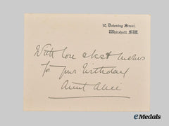 United Kingdom. A Signed 10 Downing Street Birthday Calling Card from Prime Minster Clement Attlee to “Aunt Alice” (Princess Alice, Duchess of Gloucester)