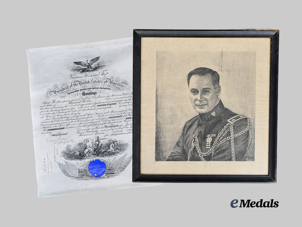 united_states._commission_document_named_to_lieutenant_richard_hill,_united_states_navy_and_framed_artist's_portrait_of_colonel_huntington-_hill,_united_states_army_e_medals__w8623_2_copy