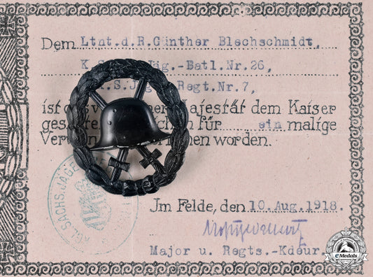 Germany, Imperial. A Wound Badge And Document To Günther Blechschmidt, C. 1918