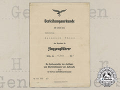 A Pilot Badge Award Document To Gefreiten Heinrich Thies