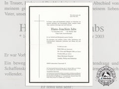 A Death Notice To The Luftwaffe Ace Rkt Winner Hans-Joachim Jabs