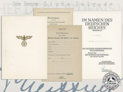 A German Eagle Order With Swords Award Document To Spanish Sergeant Don Ramon Linde Delgado