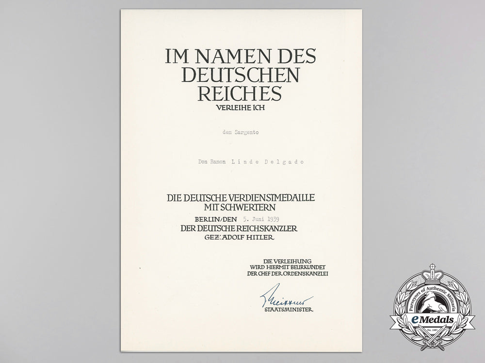 a_german_eagle_order_with_swords_award_document_to_spanish_sergeant_don_ramon_linde_delgado_a_3998