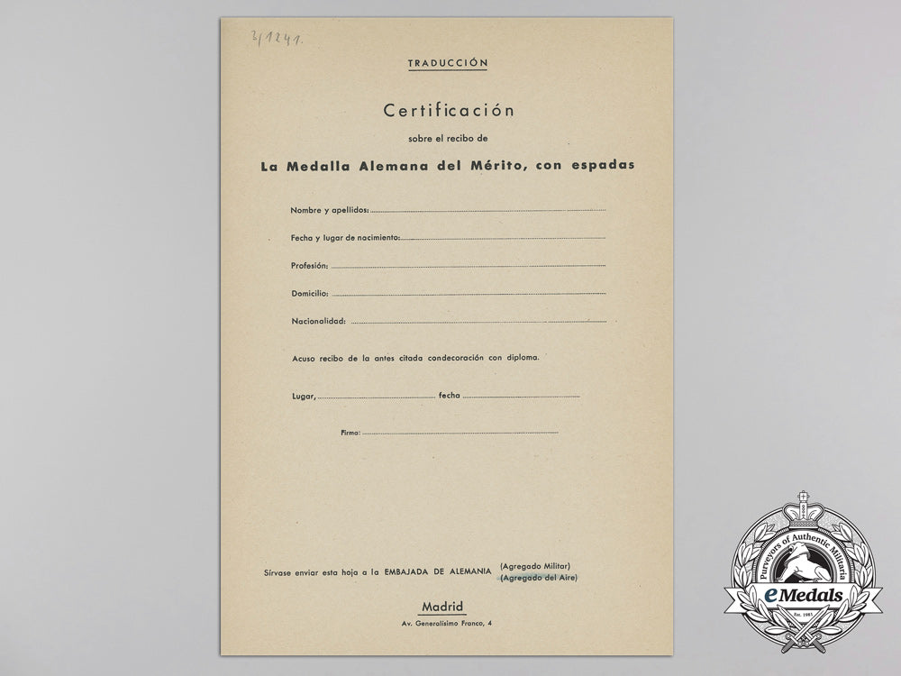 a_german_eagle_order_with_swords_award_document_to_spanish_sergeant_don_ramon_linde_delgado_a_4000_1