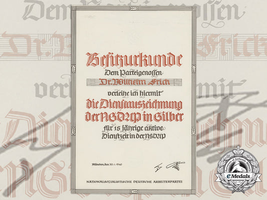a1940_nsdap_long_service_award_document_to_dr._wilhelm_frick_a_5230