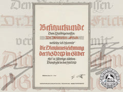 A 1940 Nsdap Long Service Award Document To Dr. Wilhelm Frick