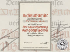 A 1940 Nsdap Long Service Award Document To Dr. Wilhelm Frick