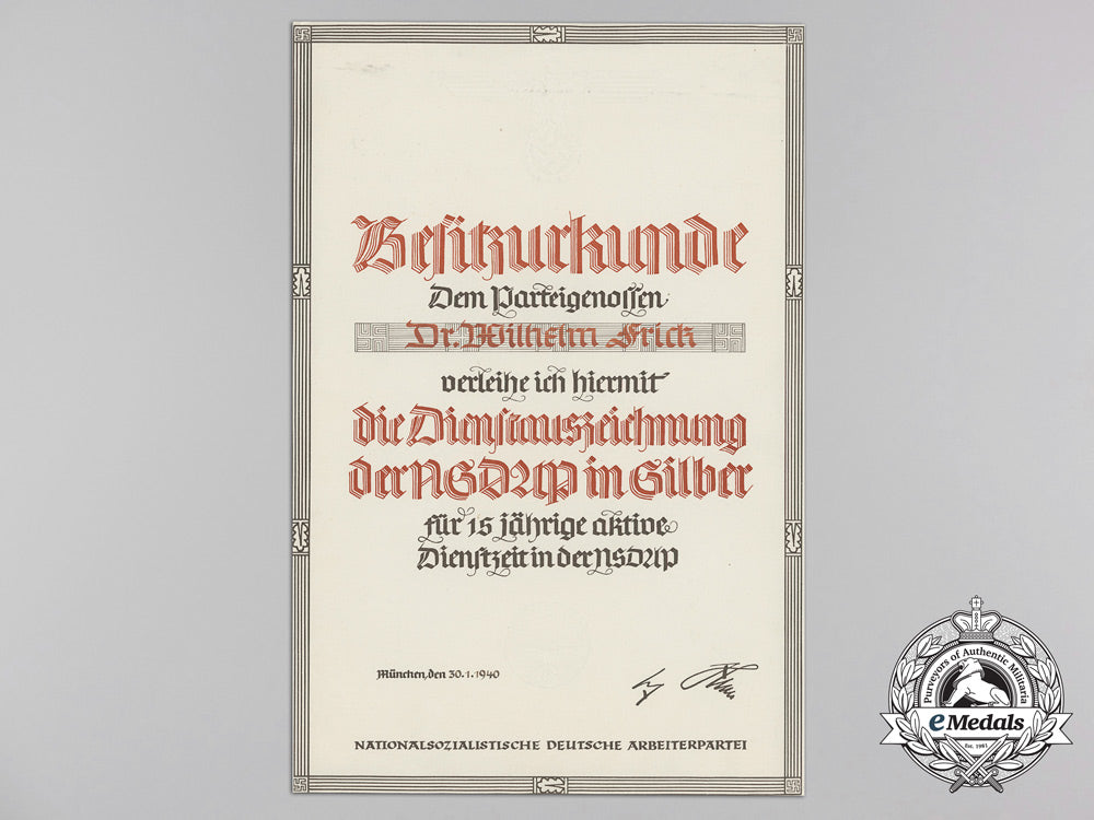 a1940_nsdap_long_service_award_document_to_dr._wilhelm_frick_a_5231