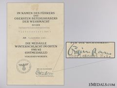 A Eastern Front Medal Document To Karl Wintermeier