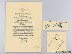 A June 1940 Luftwaffe Promotion Document To Major Euteneuer
