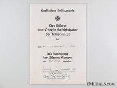 A Knight’s Cross Preliminary Award Document To Major Von Doering