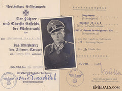 A Preliminary Knight's Cross Award Document To Theodor Hopf