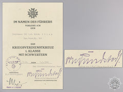 A War Merit Cross 1St Class 1939 Document To Munitions Administration