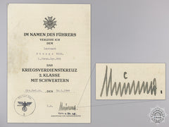 A War Merit Cross 2Nd Class 1939 Document To Grenadier Leutnant