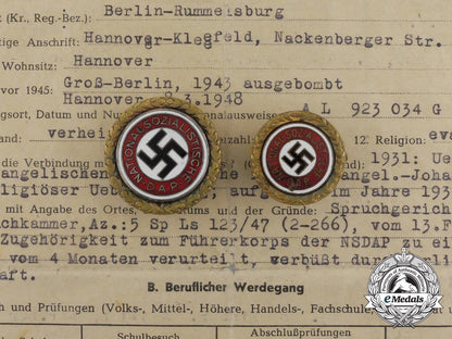 two_golden_party_badges_to_ortsgruppenleiter_beister;_führer_corps_of_the_nsdap_aa_0110
