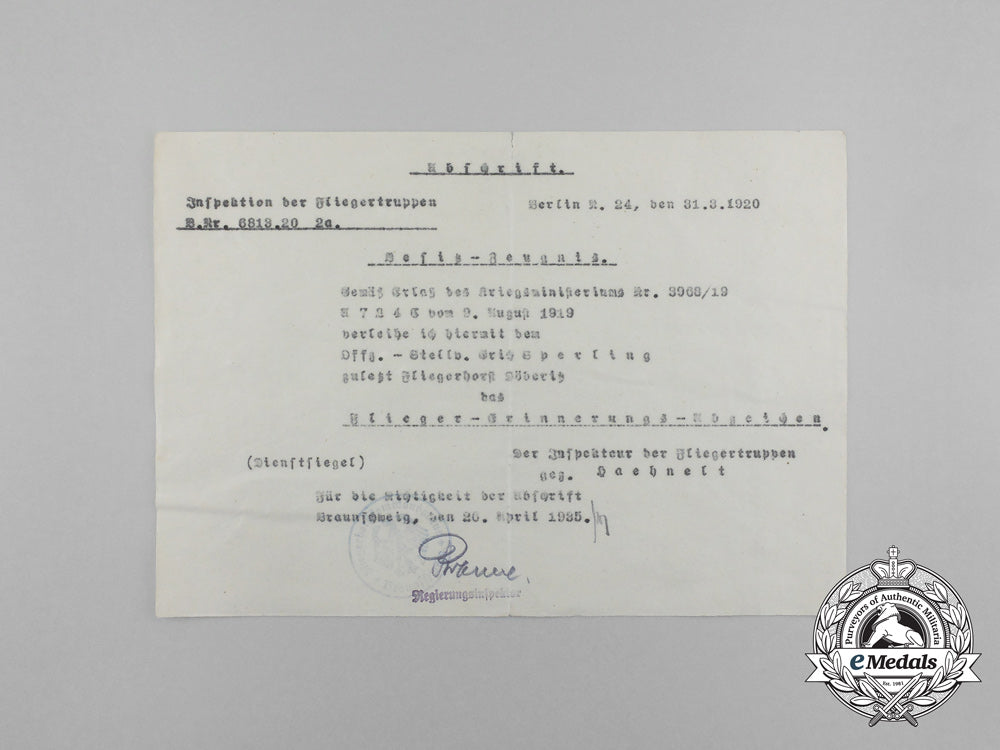 a1920_award_document_for_the_prussian_pilot's_commemorative_badge_to_erich_sperling_aa_1220