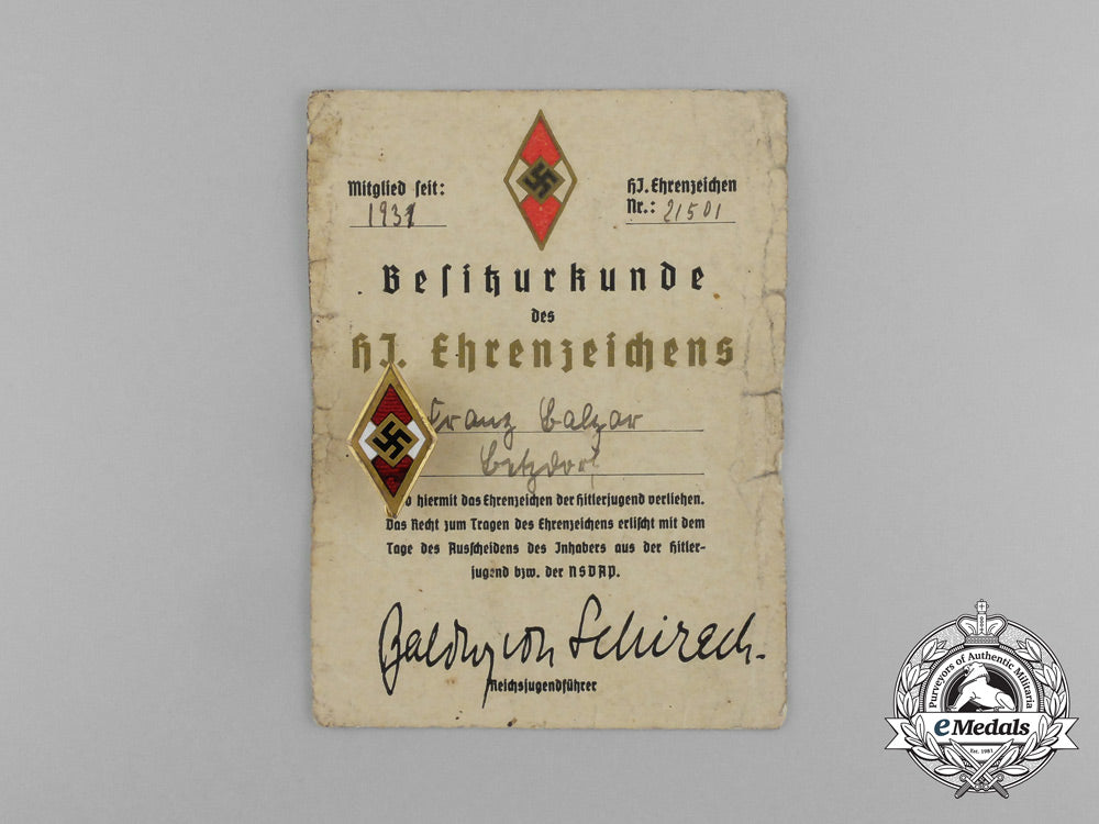 a_golden_hj_honour_badge&_award_certificate_presented_to_franz_balzar_aa_1297