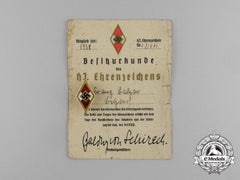 A Golden Hj Honour Badge & Award Certificate Presented To Franz Balzar