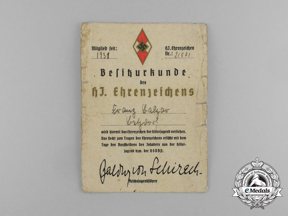 a_golden_hj_honour_badge&_award_certificate_presented_to_franz_balzar_aa_1298