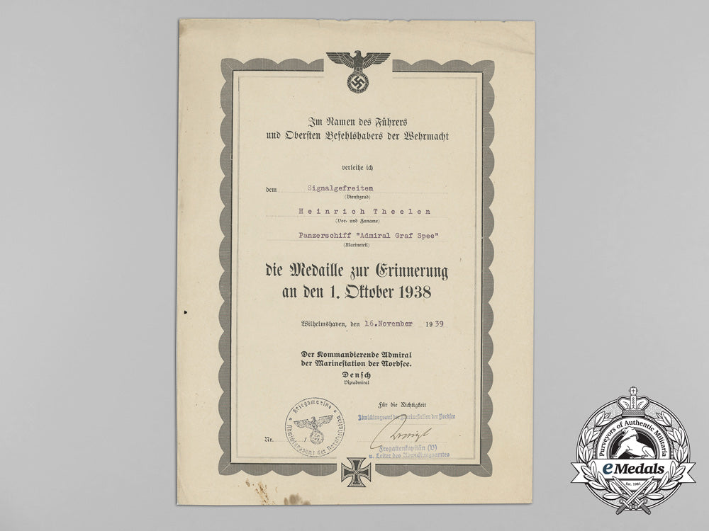 an_award_document_for_a_sudetenland_medal_to_heinrich_theelen_of_the_admiral_graf_spee_aa_1840