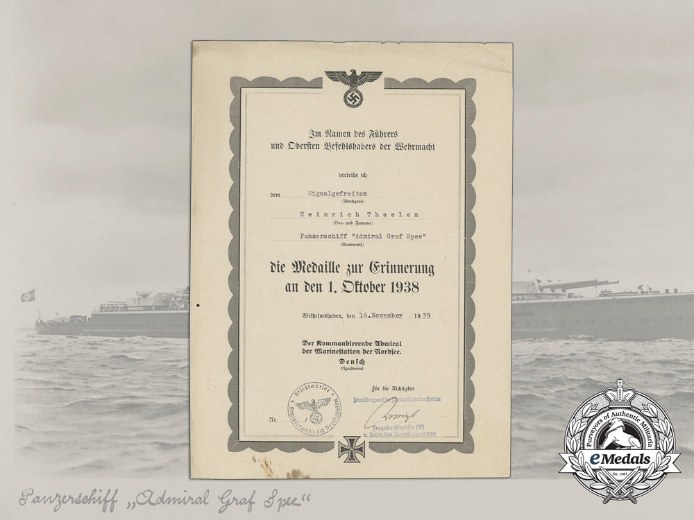 an_award_document_for_a_sudetenland_medal_to_heinrich_theelen_of_the_admiral_graf_spee_aa_1842