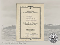 An Award Document For A Sudetenland Medal To Heinrich Theelen Of The Admiral Graf Spee