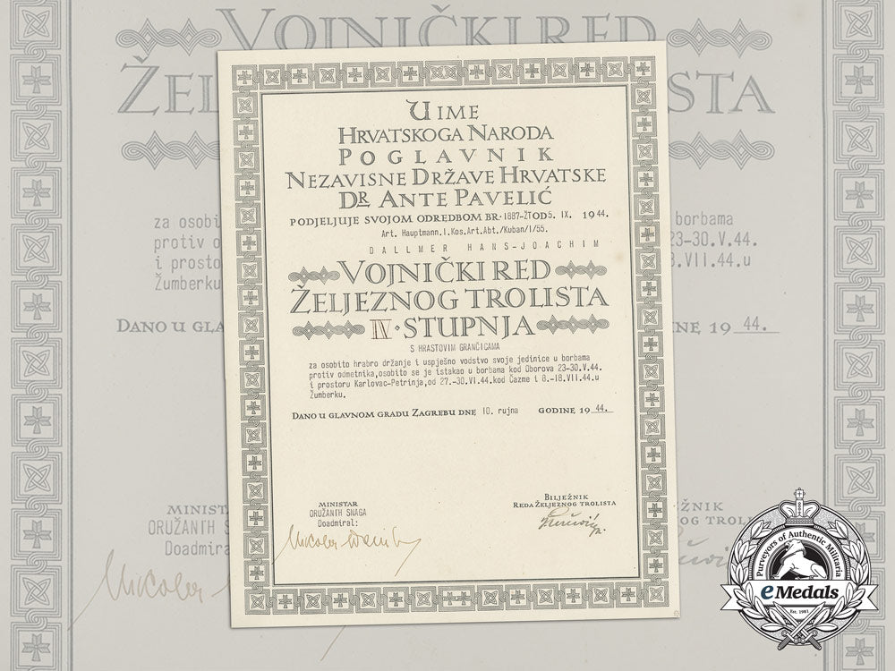 croatia,_independent_state._a_military_order_of_trefoil_award_doc._to_art._hauptmann,_i.kos.art.abt./_kuban/_i/55_aa_2255_1_1