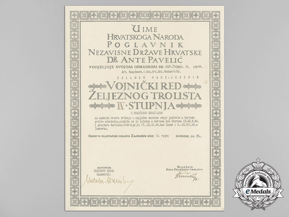 croatia,_independent_state._a_military_order_of_trefoil_award_doc._to_art._hauptmann,_i.kos.art.abt./_kuban/_i/55_aa_2256_1_1