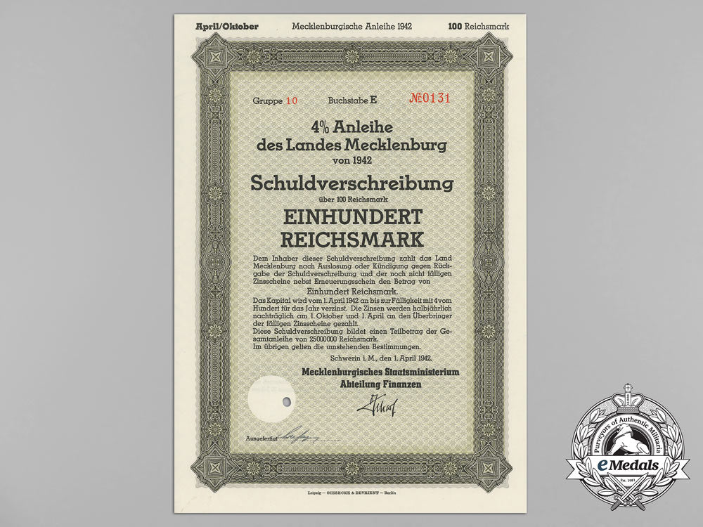 a1940_state_debenture_bond_mecklenburg100_reichsmark_aa_2332