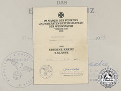 An Award Document For An Iron Cross 1939 Second Class To Nco Hermann Scherer