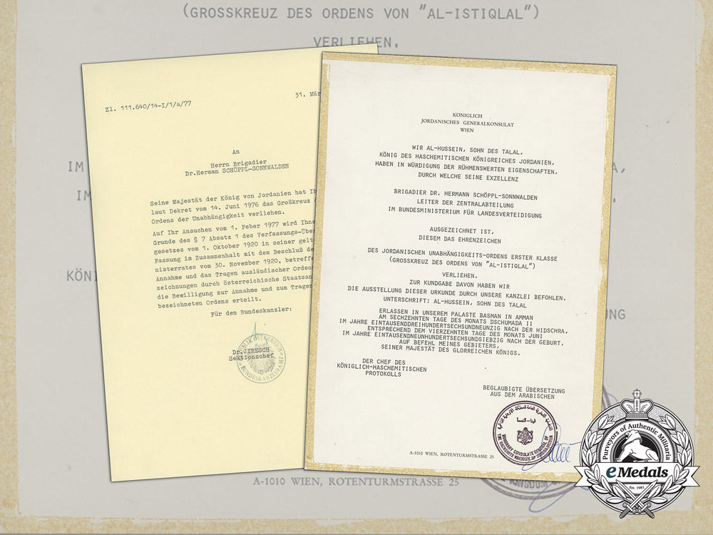 an_award_document_for_an_order_of_independence_of_jordan_to_austrian_military_attaché_aa_3361_1_1