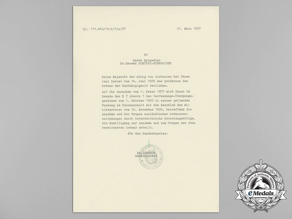 an_award_document_for_an_order_of_independence_of_jordan_to_austrian_military_attaché_aa_3362_1_1