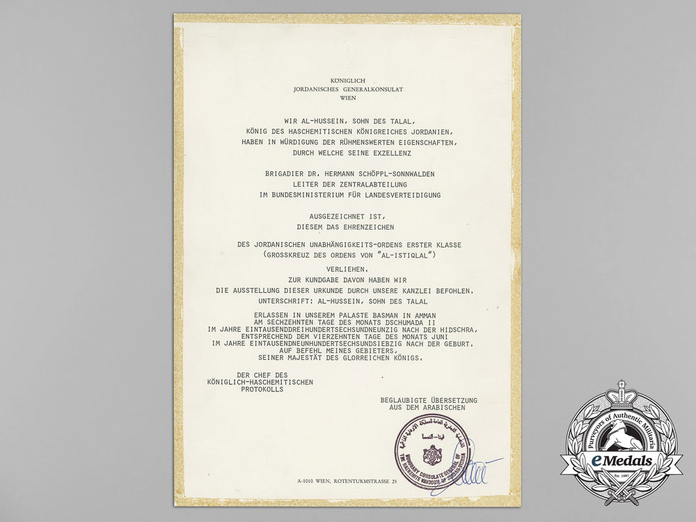 an_award_document_for_an_order_of_independence_of_jordan_to_austrian_military_attaché_aa_3364_1_1
