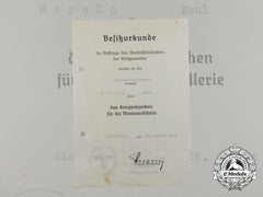 A Naval Artillery War Badge Award Document Signed By Rear Admiral Stichling