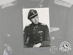 A Postwar Signed Picture Of Ss Officer Heinz Macher; Knight's Cross With Oak Leaves